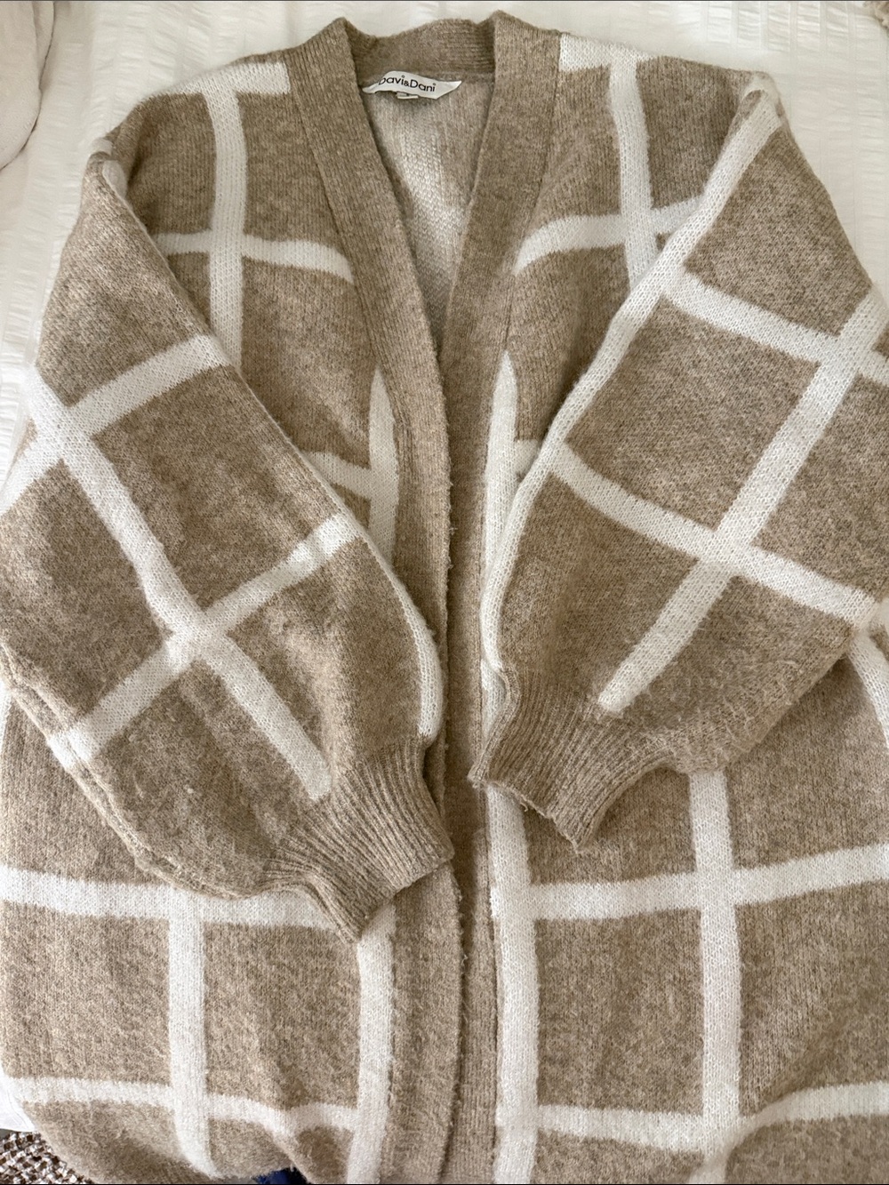 Caro & Dani Beige Windowpane Cardigan with White Grid